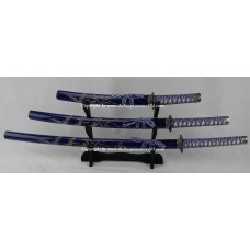 3 PCS Japanese w/ Engrave Sheath Royal Sky Blue Celtic Dragon Samurai Katana Sword Set